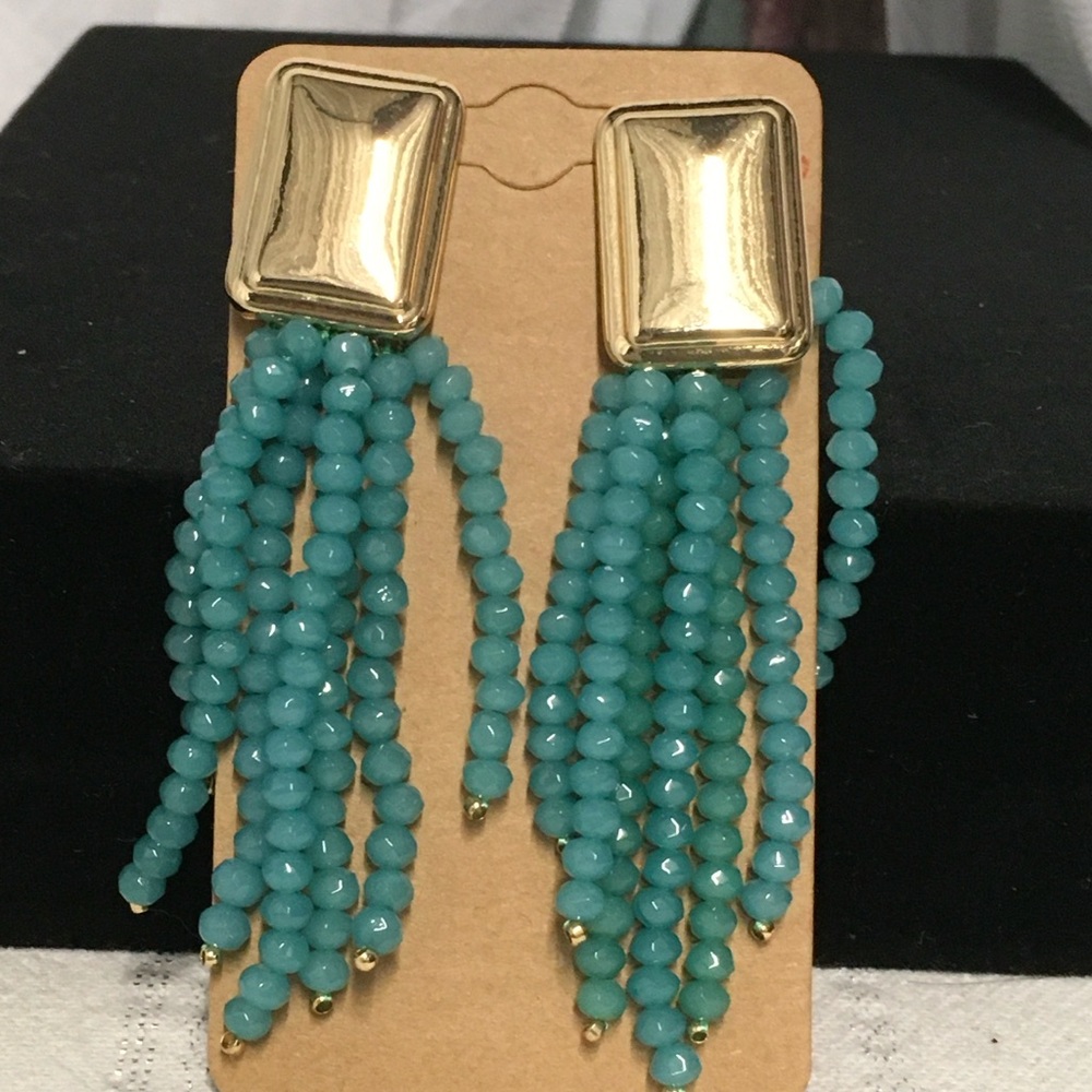 Gold and Teal Beaded Tassel CLIP Earrings - Picture 2 of 2